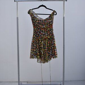 Zoni Kaleidoscope Print Mini Dress – Draped Bust & Flowy Skirt, Size 40